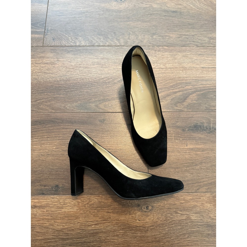Marc Fisher Farai Black Suede Square Toe Block Heel Pumps Womens 7.5 M
